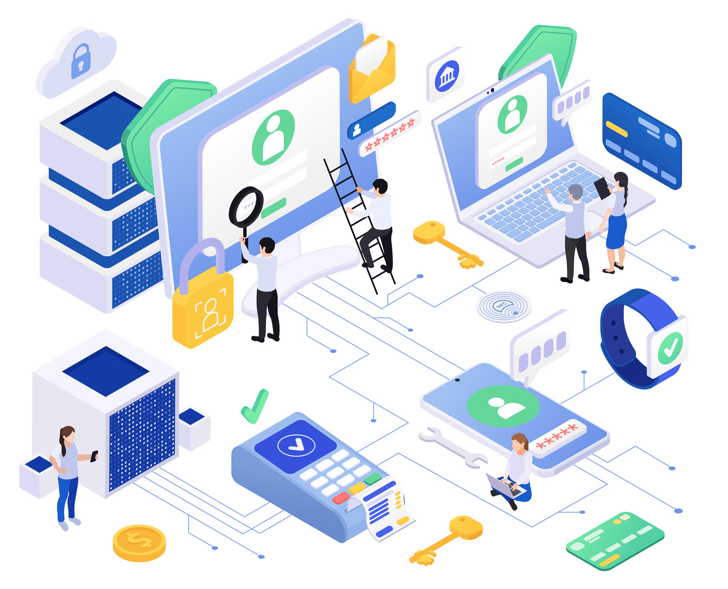 Isometric illustration of a secure on-chain vault: servers, locks, and keys protecting payments